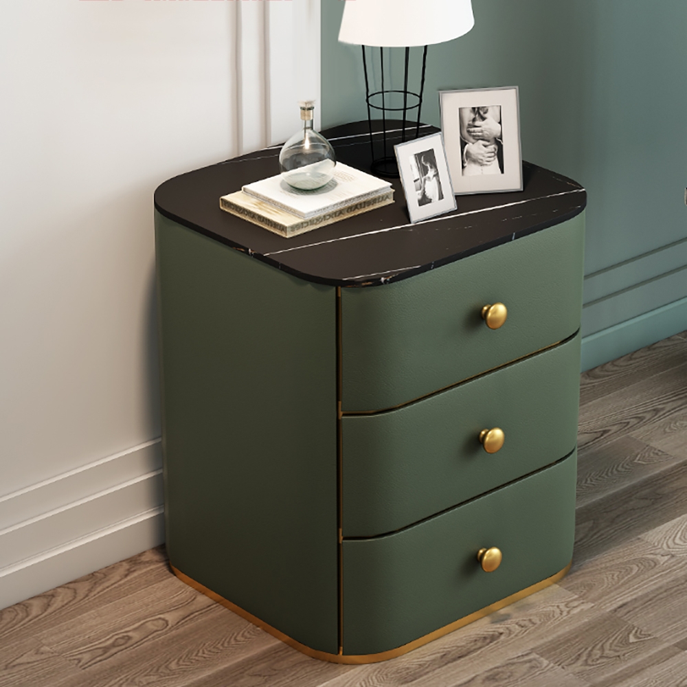 Modern Green Nightstand Black Sintered Stone Top Faux Leather Upholstery with 3 Drawers window image