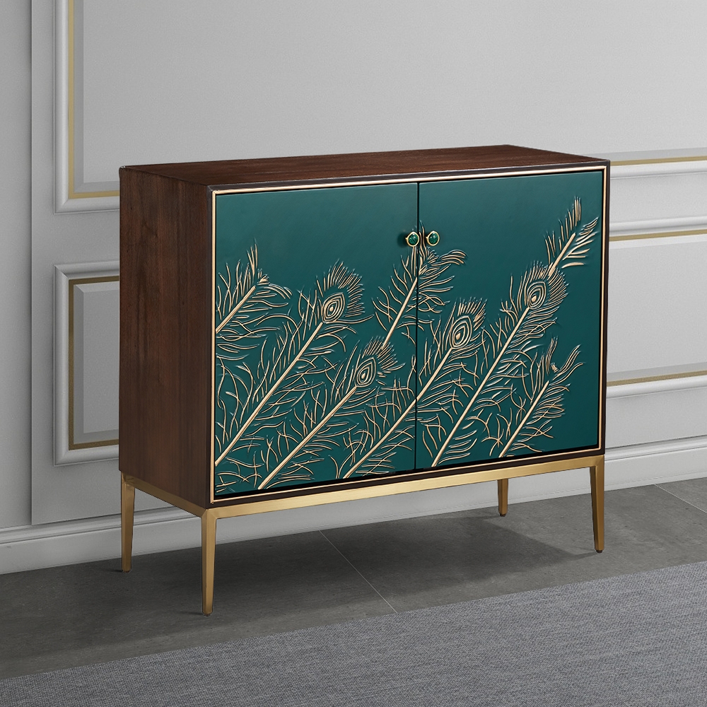 Novelty Green Sideboard Buffet Feather Patterned Cabinet with Shelves & Doors in Small window image