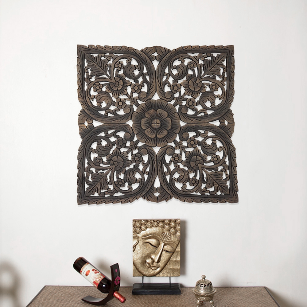 Vintage Style Square Wooden Hollow-out Carving Flower Patterns Wall Decor window image