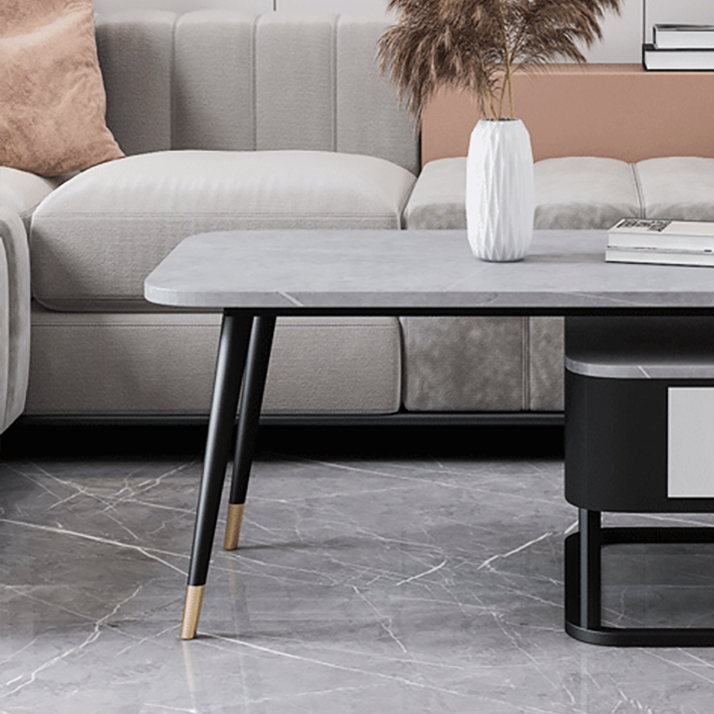 Modern Gray Coffee Table with Drawer Sintered Stone Top & Metal Base window image