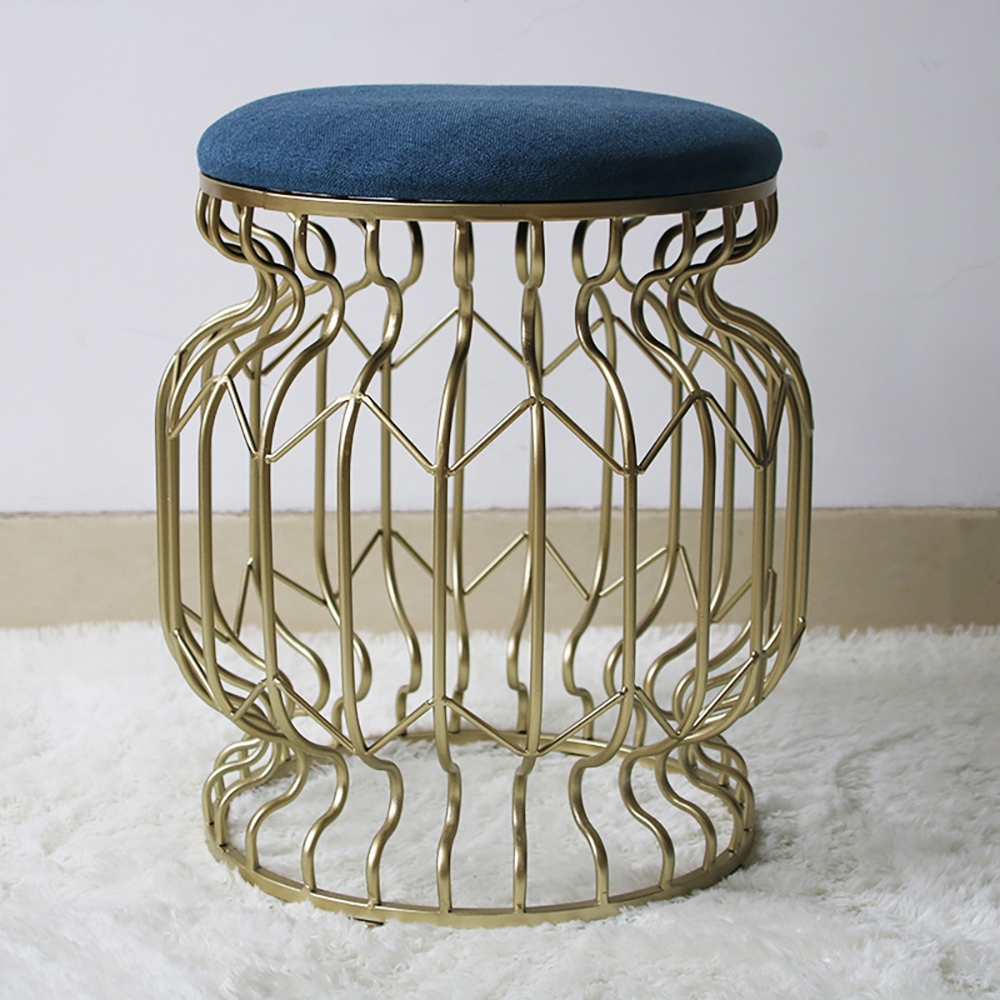Retro Blue Round Upholstered Velvet Ottoman Stool Gold Base window image