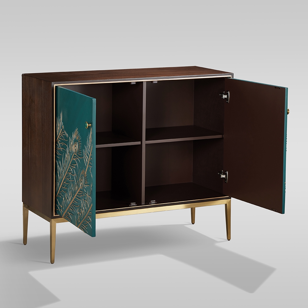 Novelty Green Sideboard Buffet Feather Patterned Cabinet with Shelves & Doors in Small window image