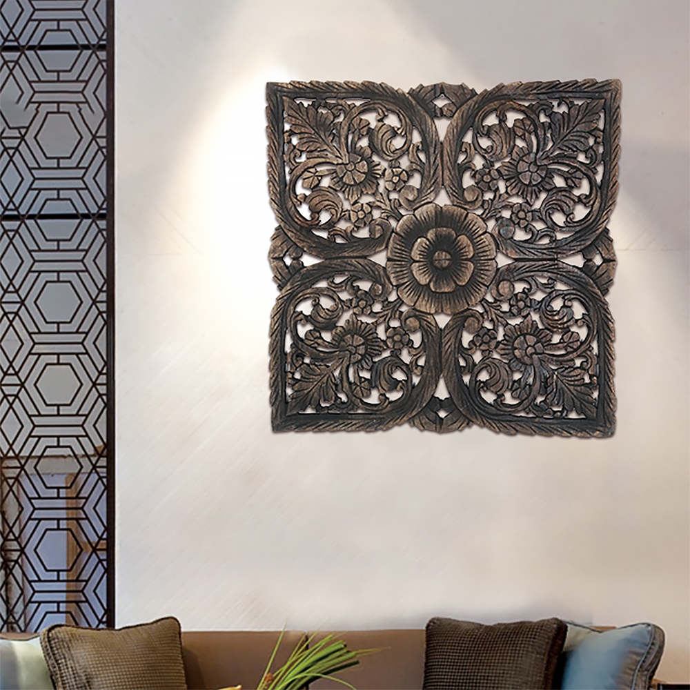 Vintage Style Square Wooden Hollow-out Carving Flower Patterns Wall Decor window image