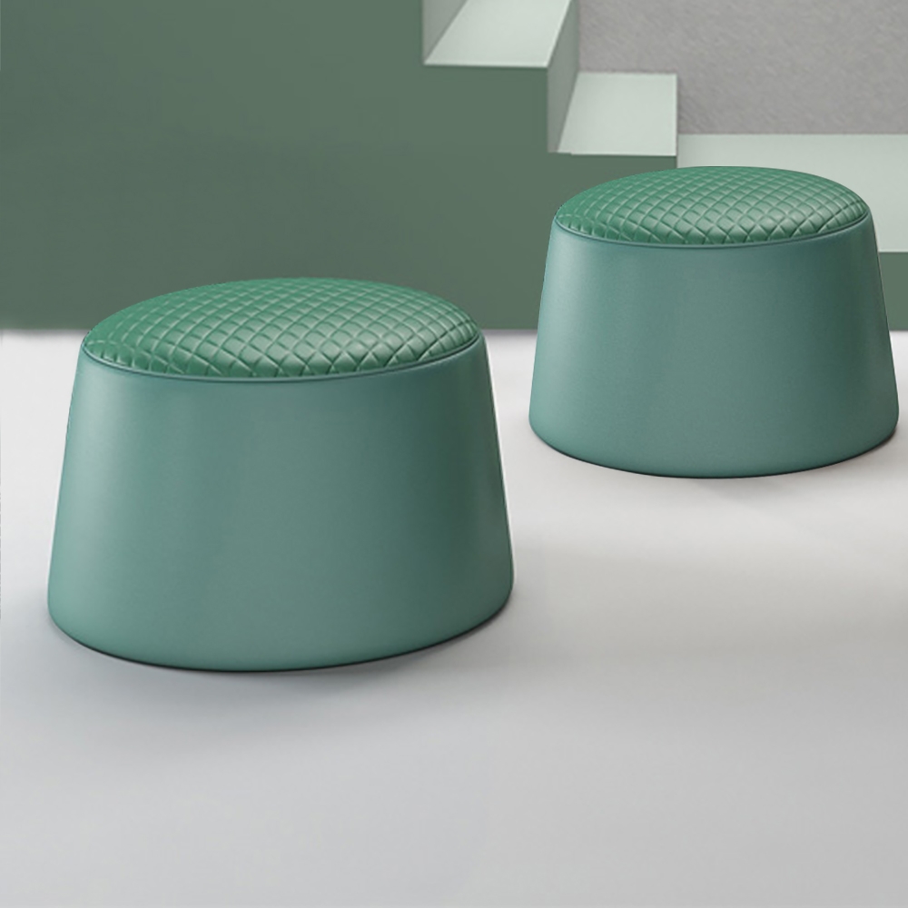 Green Round Stool Leather Upholstered Ottoman Stool window image