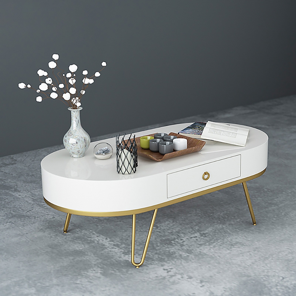 Modern White Coffee Table with Drawer Wooden Frame & Gold Metal Legs window image