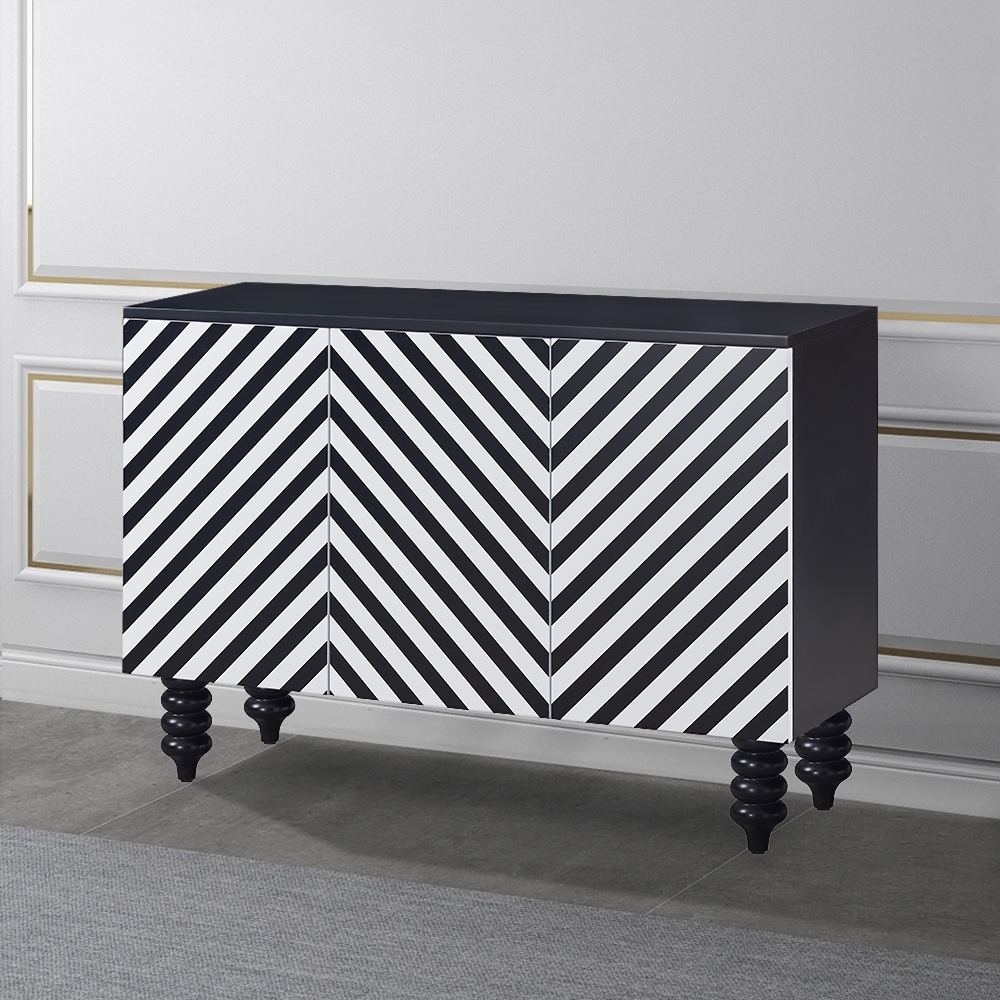 Black & White Cabinet Zebra-Stripe Patterned Surface with 2 Doors & Spinning Top Legs window image