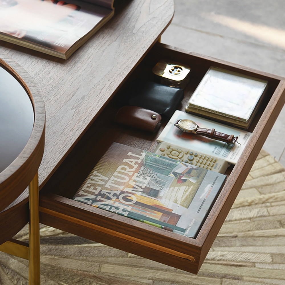 Walnut Oval Coffee Table with Drawer Wooden Top & Stainless Steel Legs window image