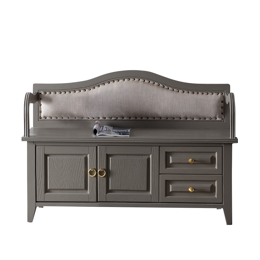 Banc ottoman rétro en bois massif gris avec 2 tiroirs et une armoire image de fenêtre