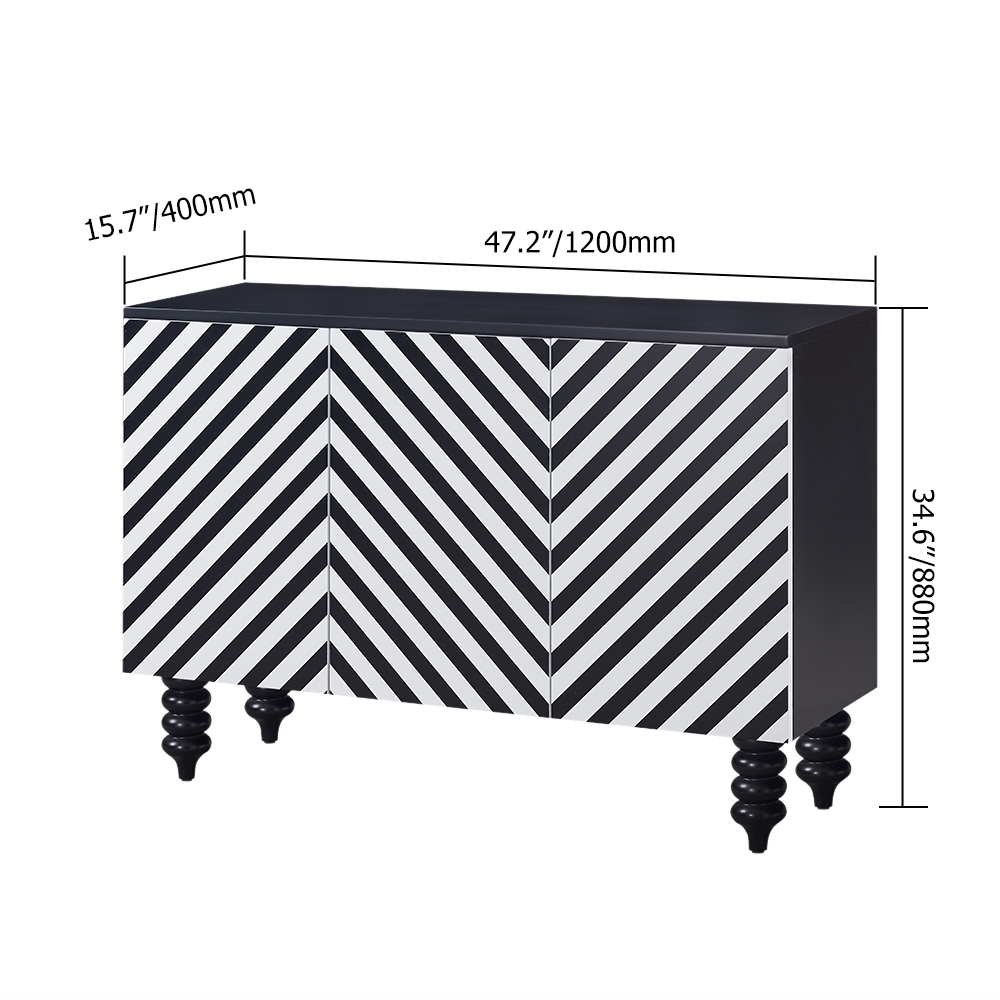 Black & White Cabinet Zebra-Stripe Patterned Surface with 2 Doors & Spinning Top Legs window image