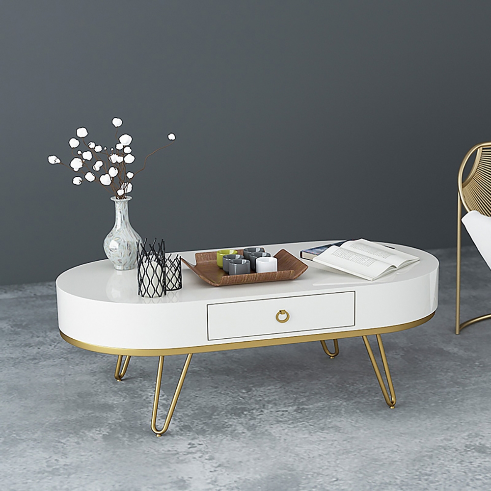 Modern White Coffee Table with Drawer Wooden Frame & Gold Metal Legs window image