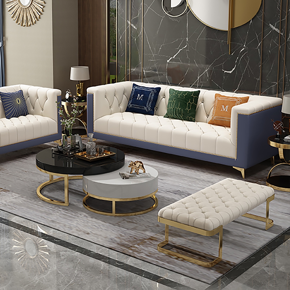 Modern 84.6" Upholstered Sofa Microfiber Leather 3-Seater Sofa Tufted Sofa window image