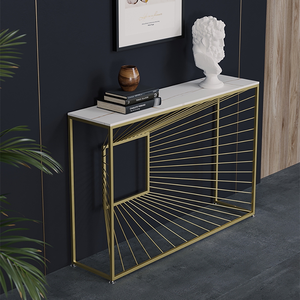 Modern White Narrow Console Table with Sintered Stone Top & Metal Frame window image