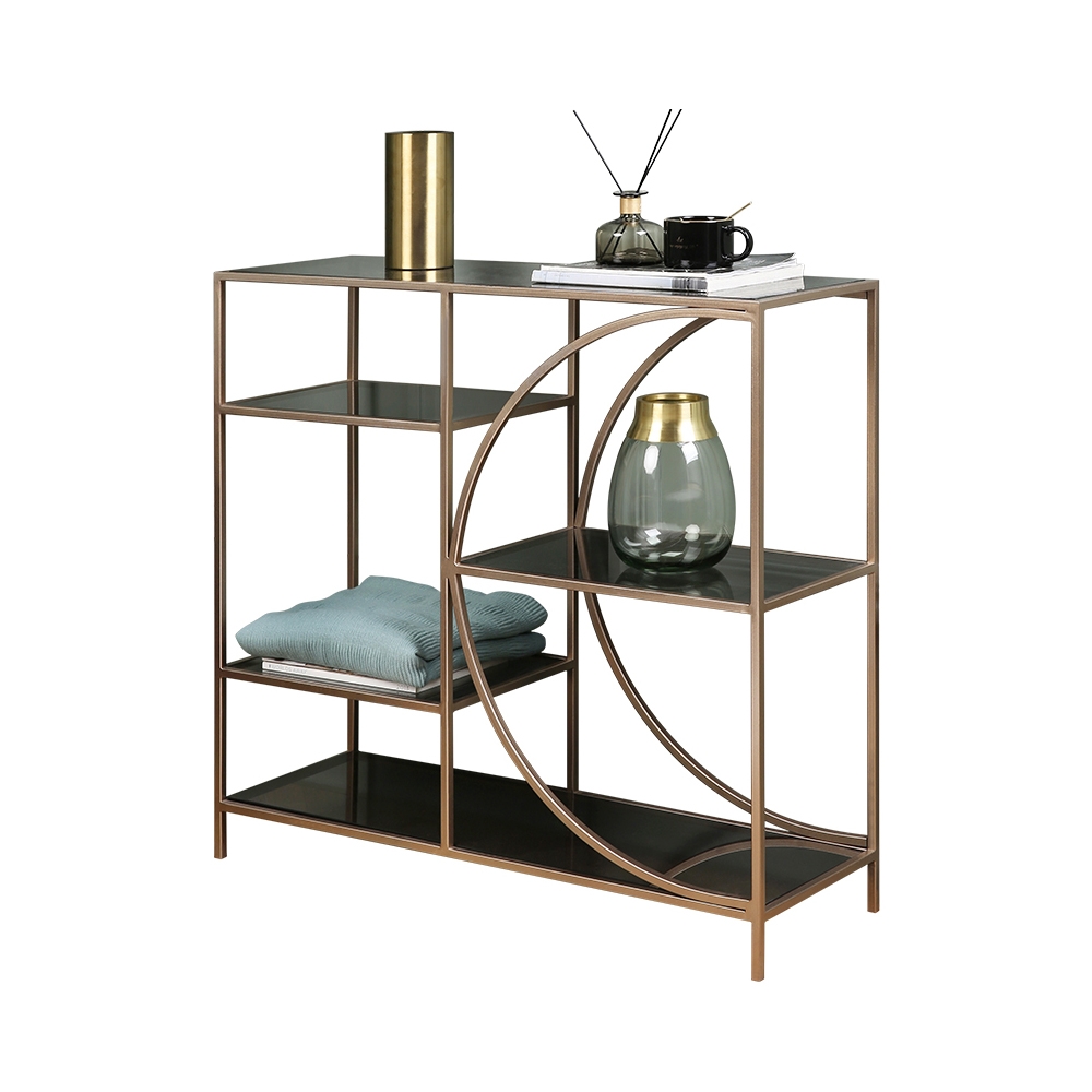 Industrial Black Console Table with Shelves Tempered Glass Top & Metal Frame window image
