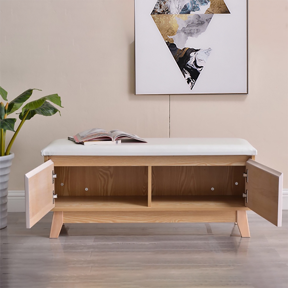 Farmhouse Upholstered Bench for Shoe Storage in Beige window image