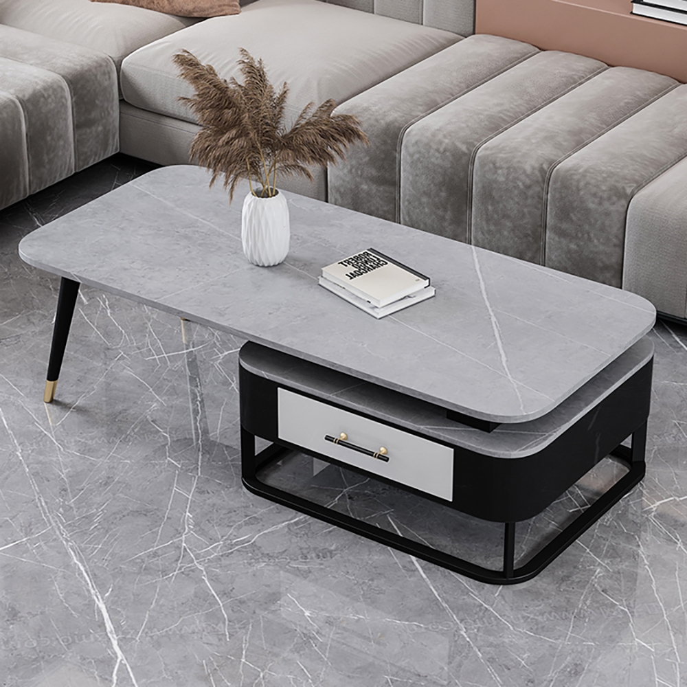 Modern Gray Coffee Table with Drawer Sintered Stone Top & Metal Base window image