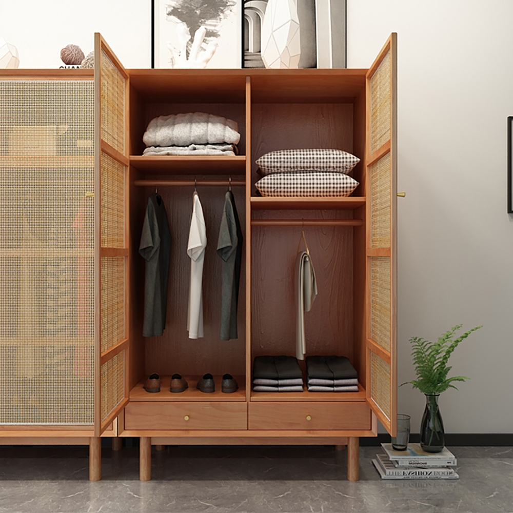 Cottage Natural 2-Door Rattan Woven Closet with Drawers & Shelves window image