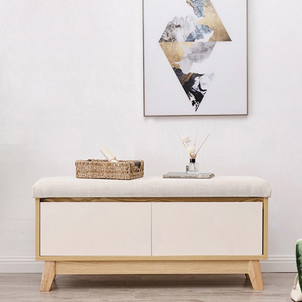 Farmhouse Upholstered Bench for Shoe Storage in Beige window image