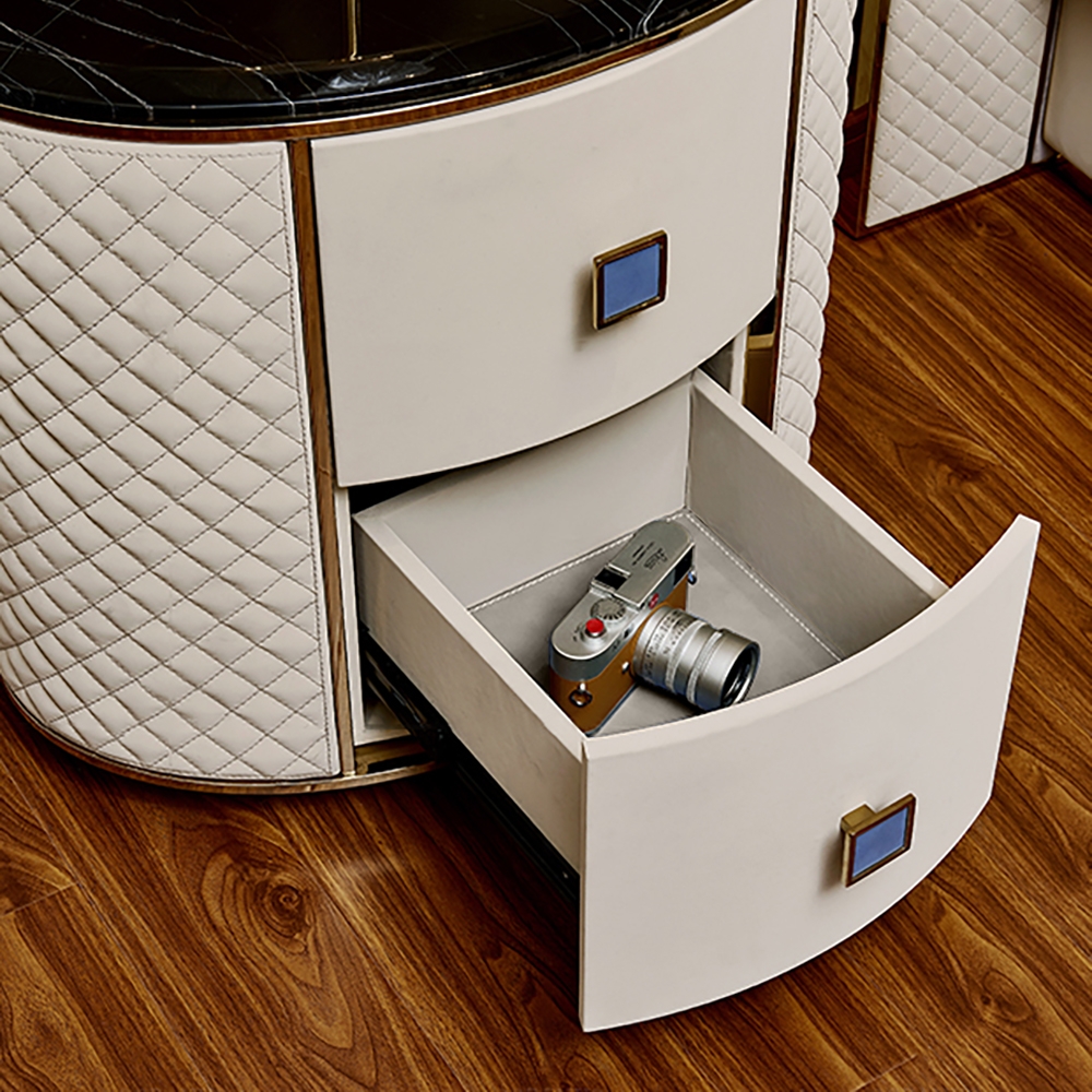 Oval Off White Nightstand Faux Marble Top Leather Upholstery with 2 Drawers window image