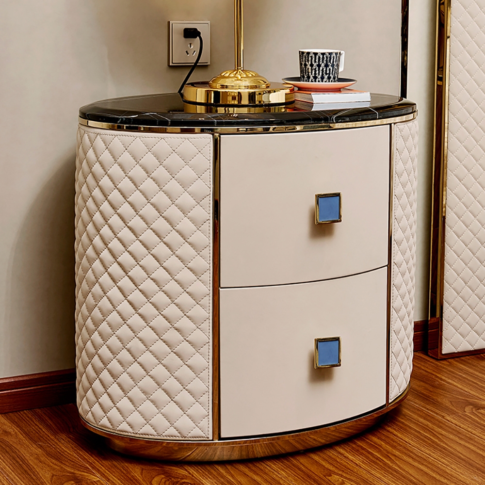 Oval Off White Nightstand Faux Marble Top Leather Upholstery with 2 Drawers window image