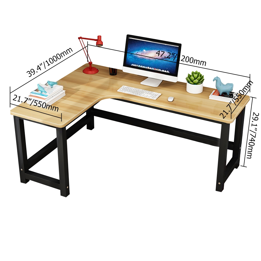 Natural L-Shaped Writing Desk with Wooden Top & Metal Frame Desk window image