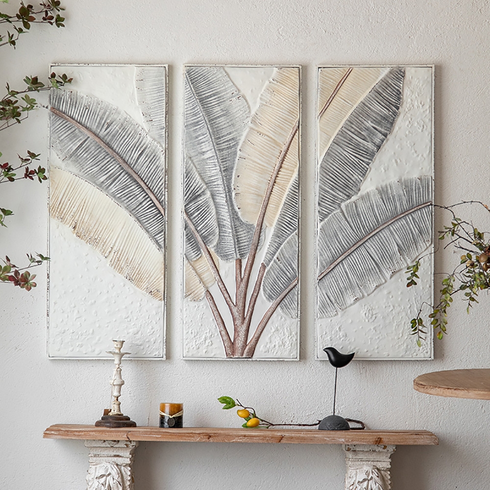 3 Pieces Set European Style Embossment Feather Leaves Sofa Background Metal Wall Decor window image
