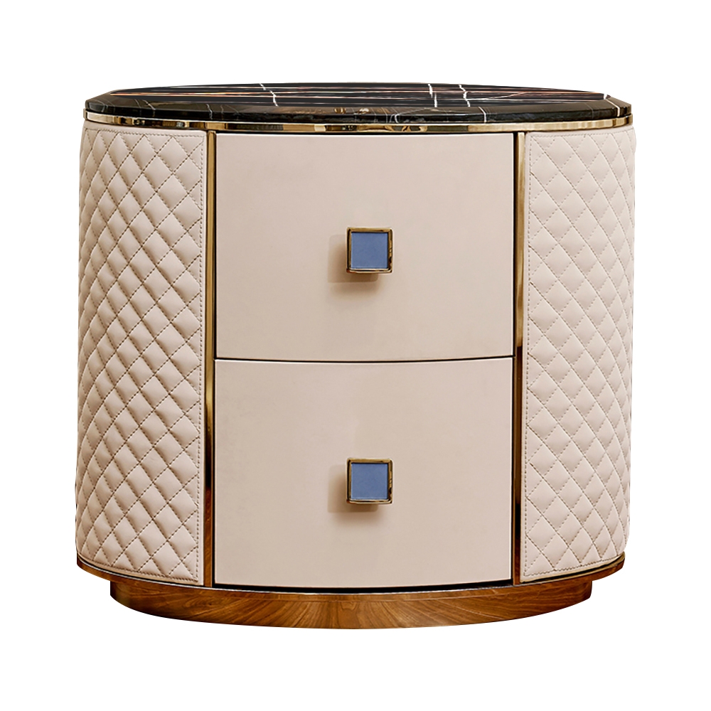 Oval Off White Nightstand Faux Marble Top Leather Upholstery with 2 Drawers window image
