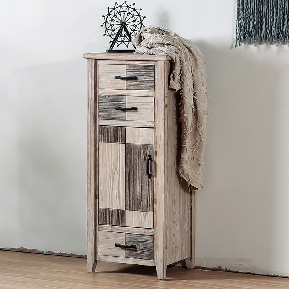 Tall Cabinet Distressed Natural Storage Cabinet 3 Drawers & 1 Door in Contrast Colour window image