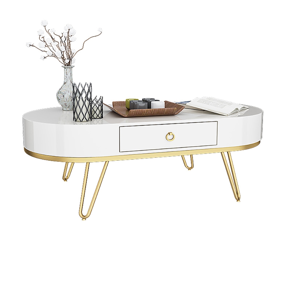 Modern White Coffee Table with Drawer Wooden Frame & Gold Metal Legs window image