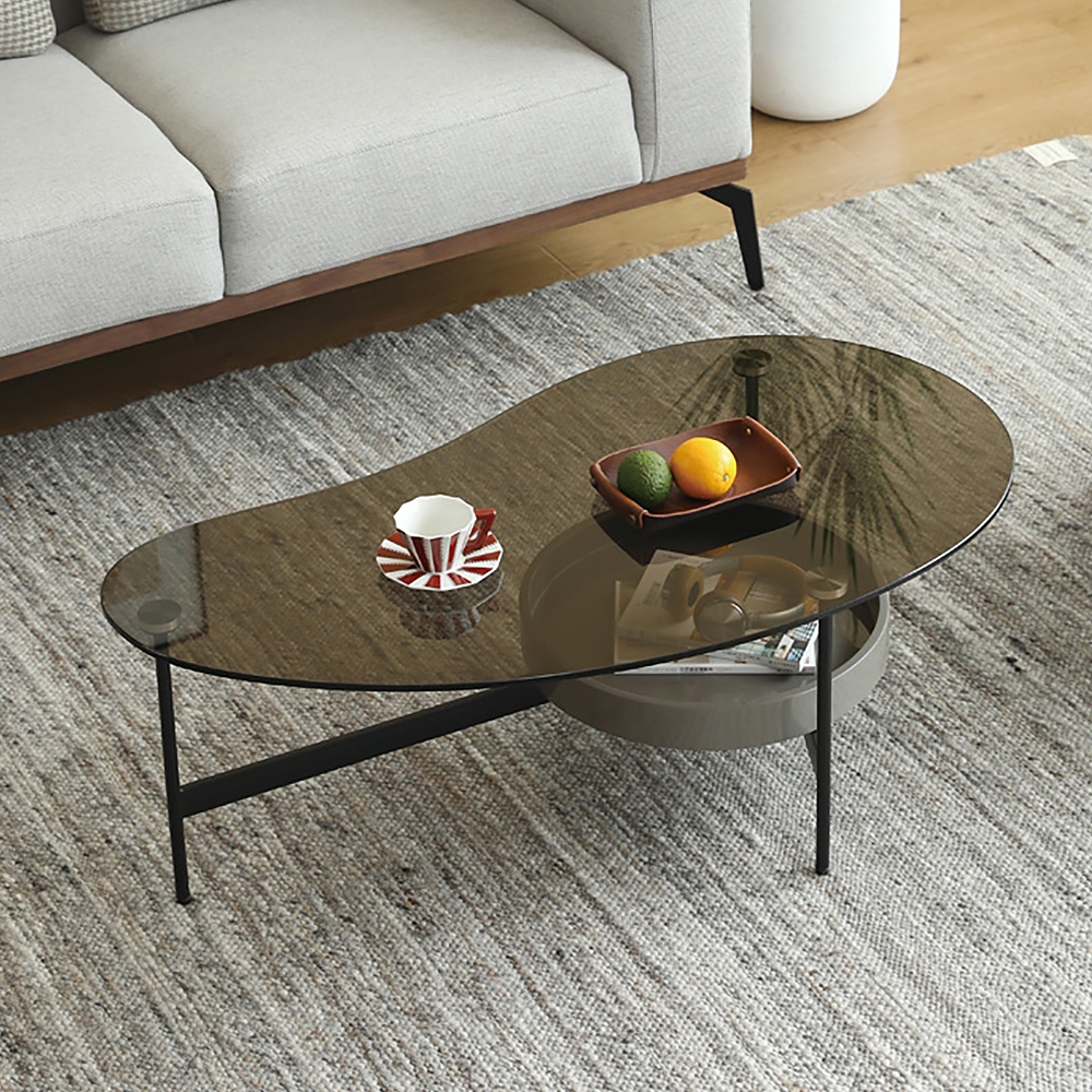 Modern Coffee Table with Shelf Tempered Glass Top & Metal Frame window image