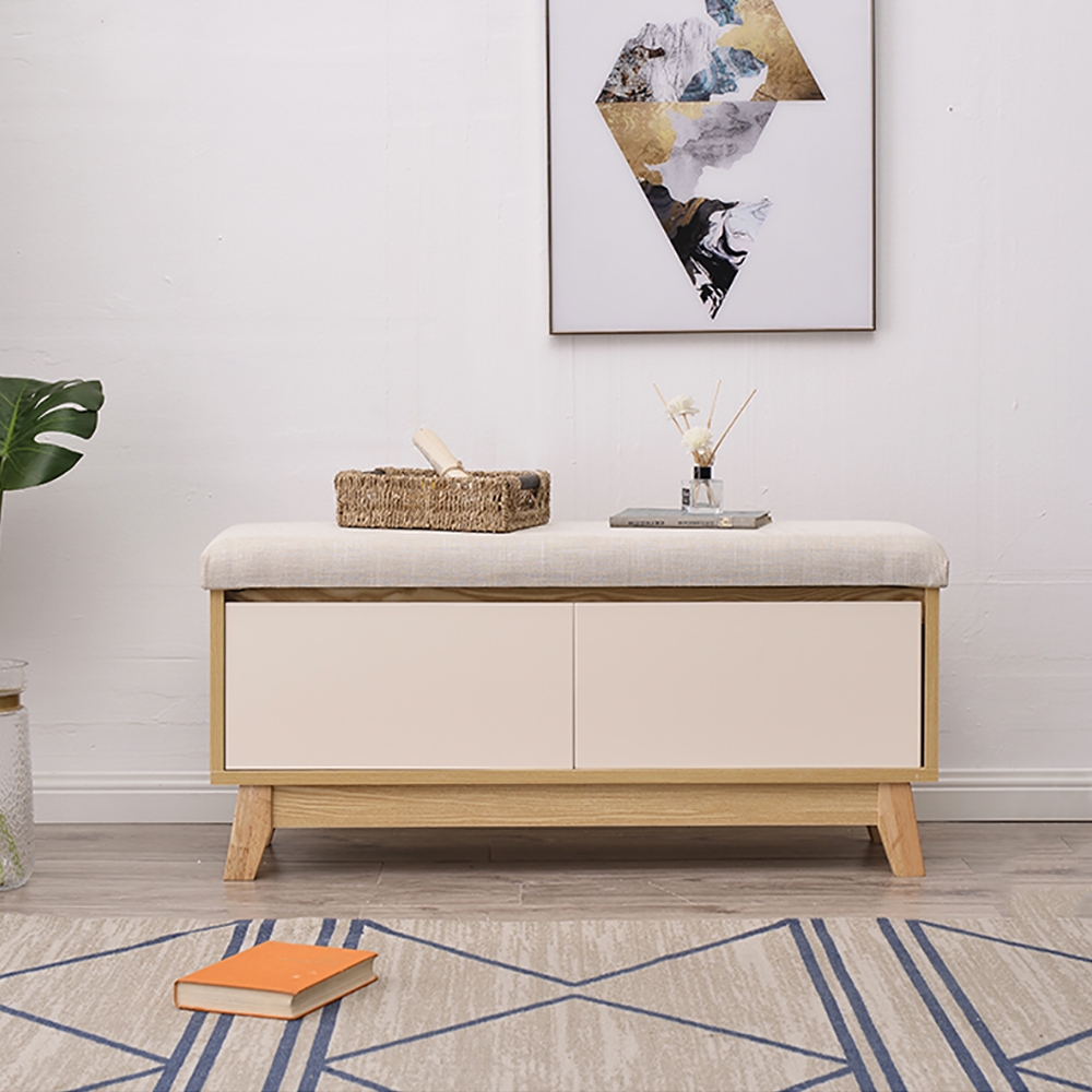 Farmhouse Upholstered Bench for Shoe Storage in Beige window image