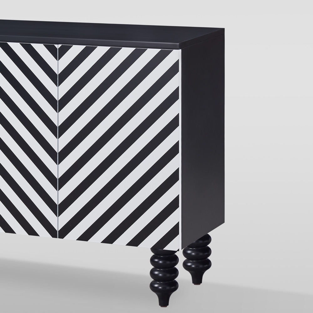 Black & White Cabinet Zebra-Stripe Patterned Surface with 2 Doors & Spinning Top Legs window image