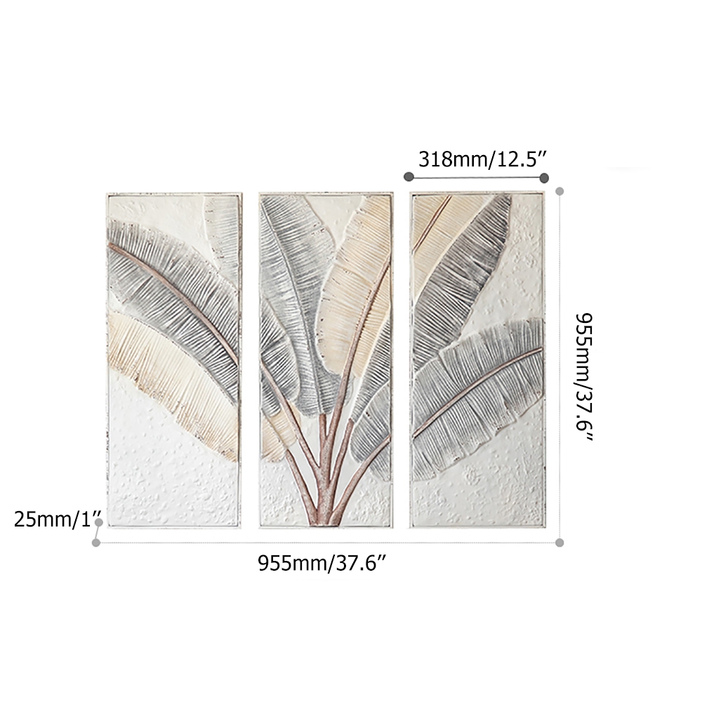 3 Pieces Set European Style Embossment Feather Leaves Sofa Background Metal Wall Decor window image