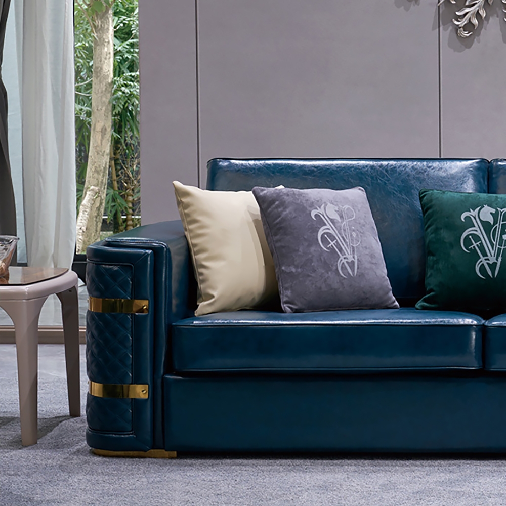 2450mm Retro Upholstered Microfiber Leather Sofa 3-Seater Luxury Sofa with Gold Base window image