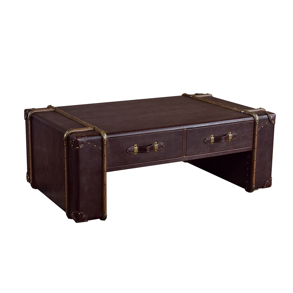 Industrial Retro Coffee Table with Drawers Accent Table with Brown Leather Edging window image