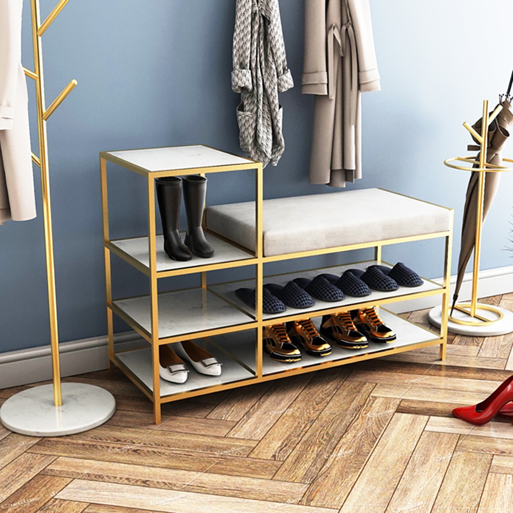 Velvet Upholstered 2-Tier Shoes Storage Stool in Gold Finish Modern Bench window image