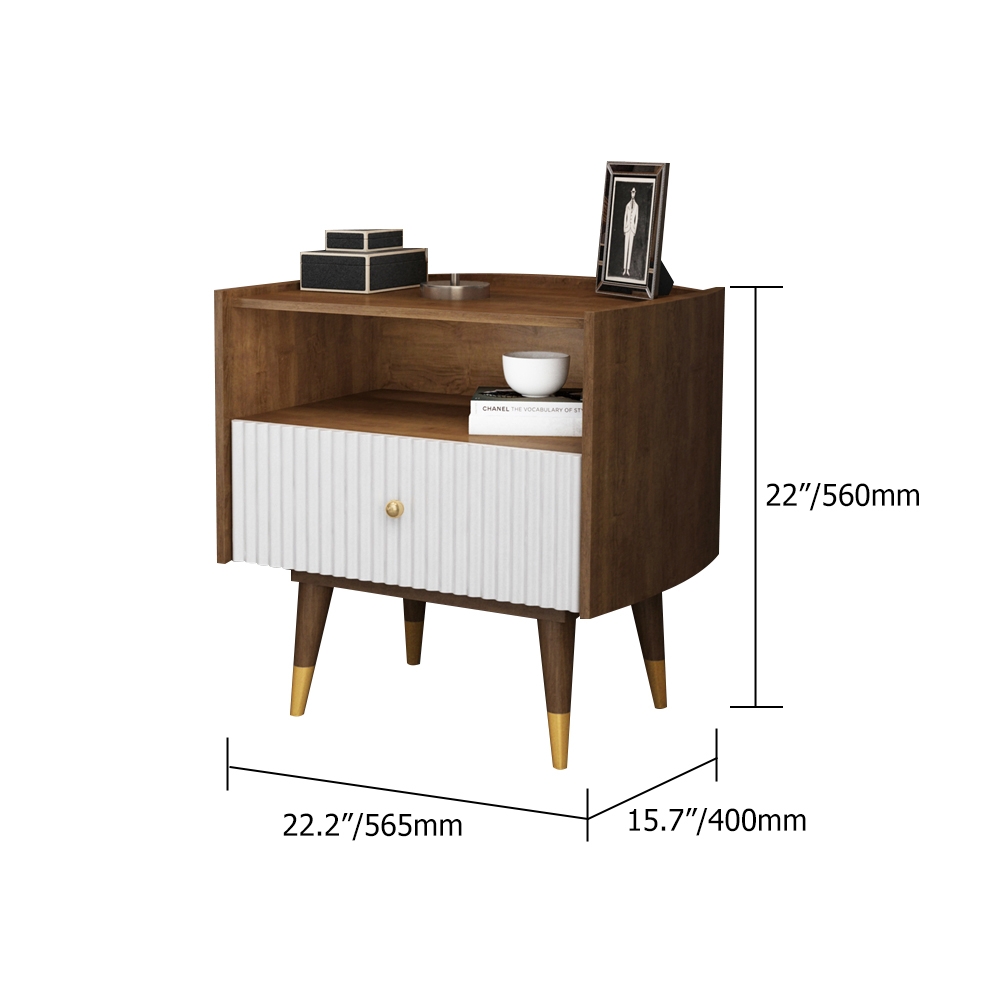 Contemporary Walnut Nightstand 1-Drawer Bedside Table in Gold weights dimensions image