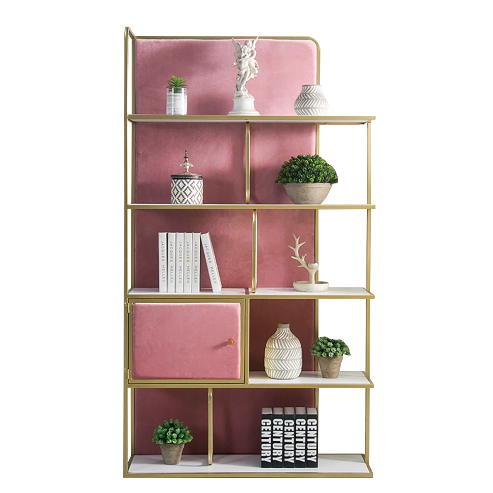 5-Tiers Freestanding Gold Bookshelf with Door in Pink window image