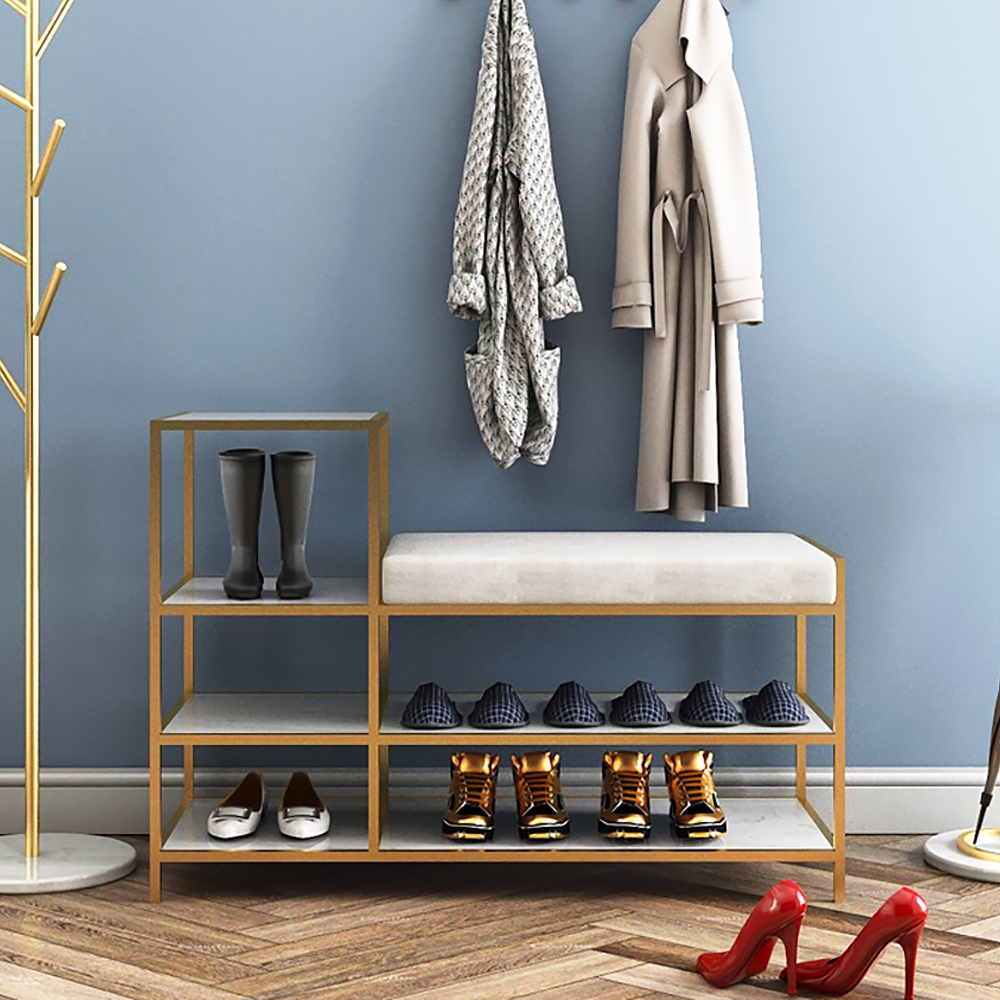 Velvet Upholstered 2-Tier Shoes Storage Stool in Gold Finish Modern Bench window image