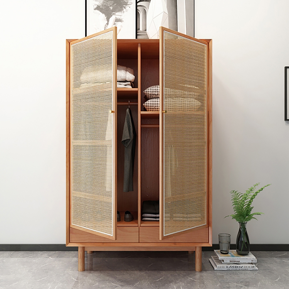 Cottage Natural 2-Door Rattan Woven Closet with Drawers & Shelves window image