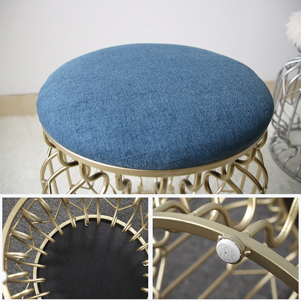 Retro Blue Round Upholstered Velvet Ottoman Stool Gold Base window image