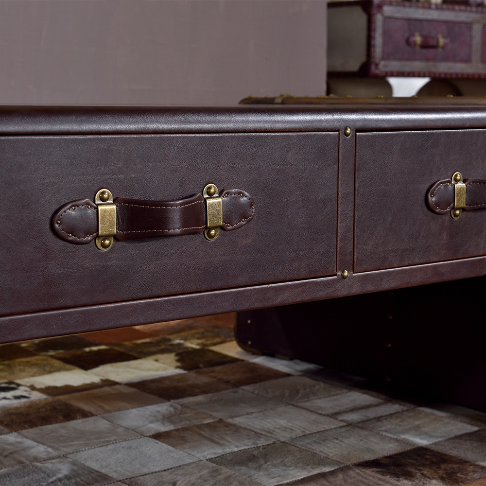 Industrial Retro Coffee Table with Drawers Accent Table with Brown Leather Edging window image