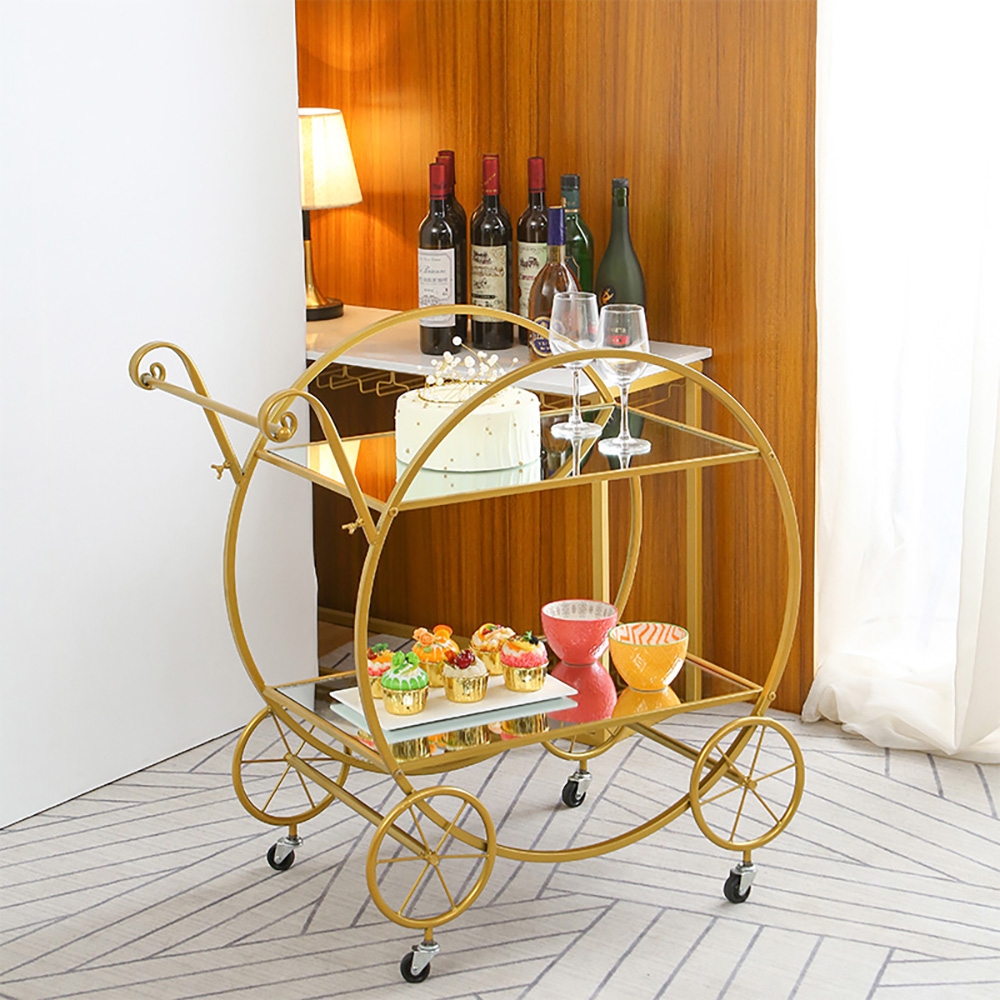Nordic Gold 2-Tier Bar Cart on Wheels Clear Tempered Glass Top with Gold Handle window image