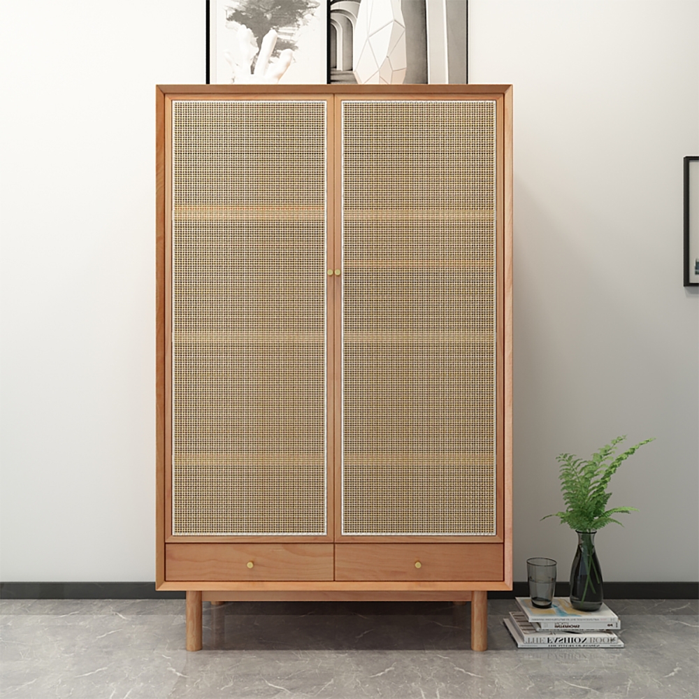 Cottage Natural 2-Door Rattan Woven Closet with Drawers & Shelves window image
