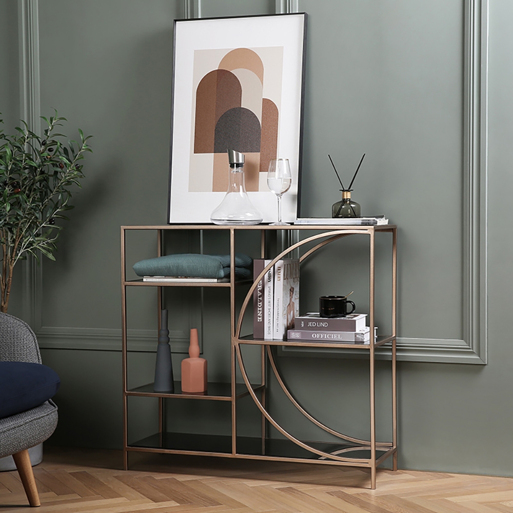 Industrial Black Console Table with Shelves Tempered Glass Top & Metal Frame window image