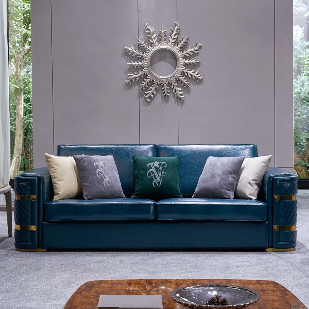 2450mm Retro Upholstered Microfiber Leather Sofa 3-Seater Luxury Sofa with Gold Base window image