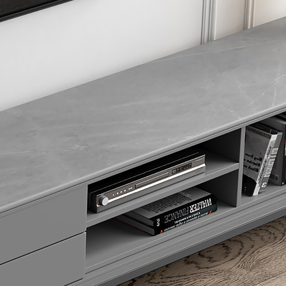 Minimalist Gray TV Stand Sintered Stone Extendable Media Console with Drawers & Shelf window image