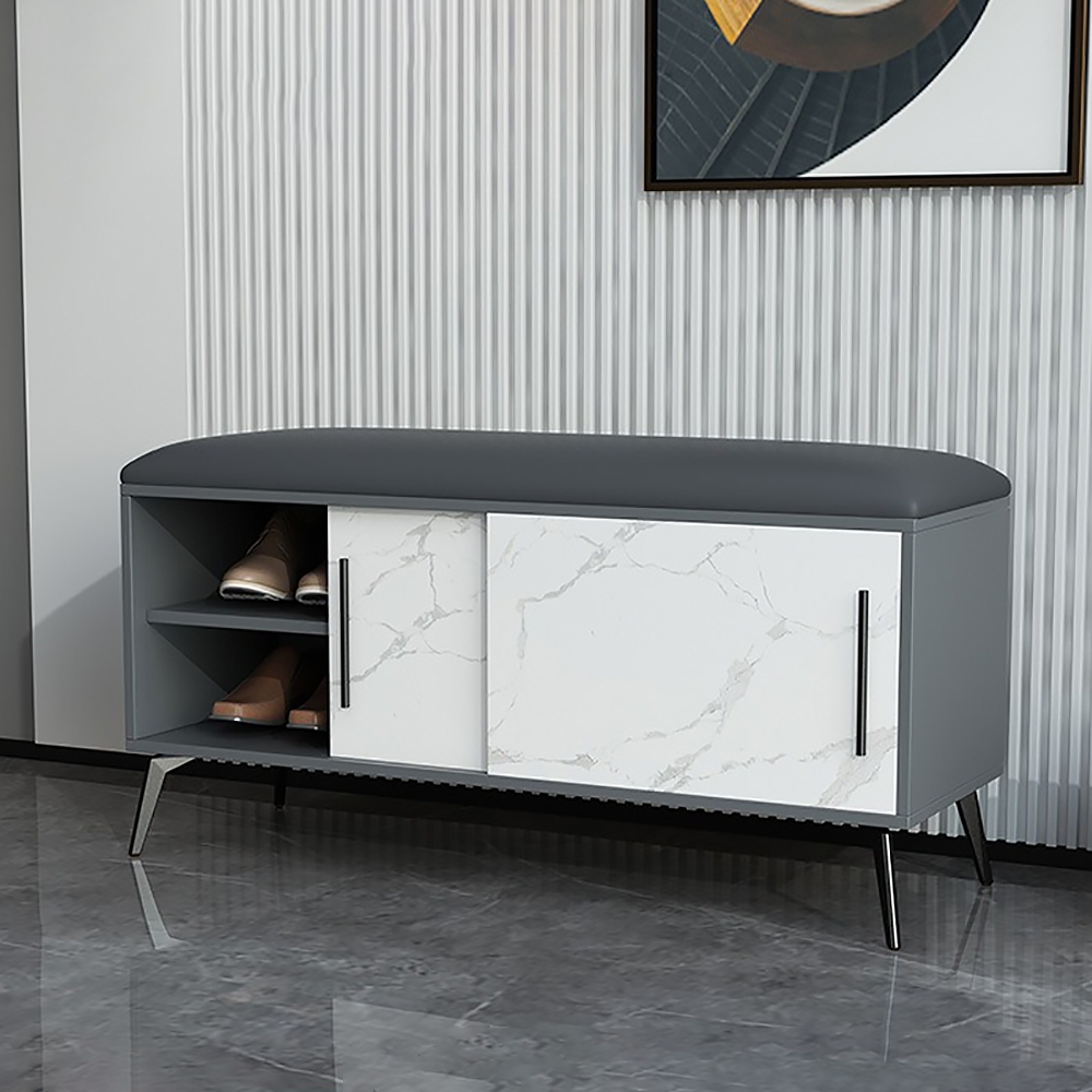 Modern Upholstered Bench with Cabinet in Leather Gray&White window image
