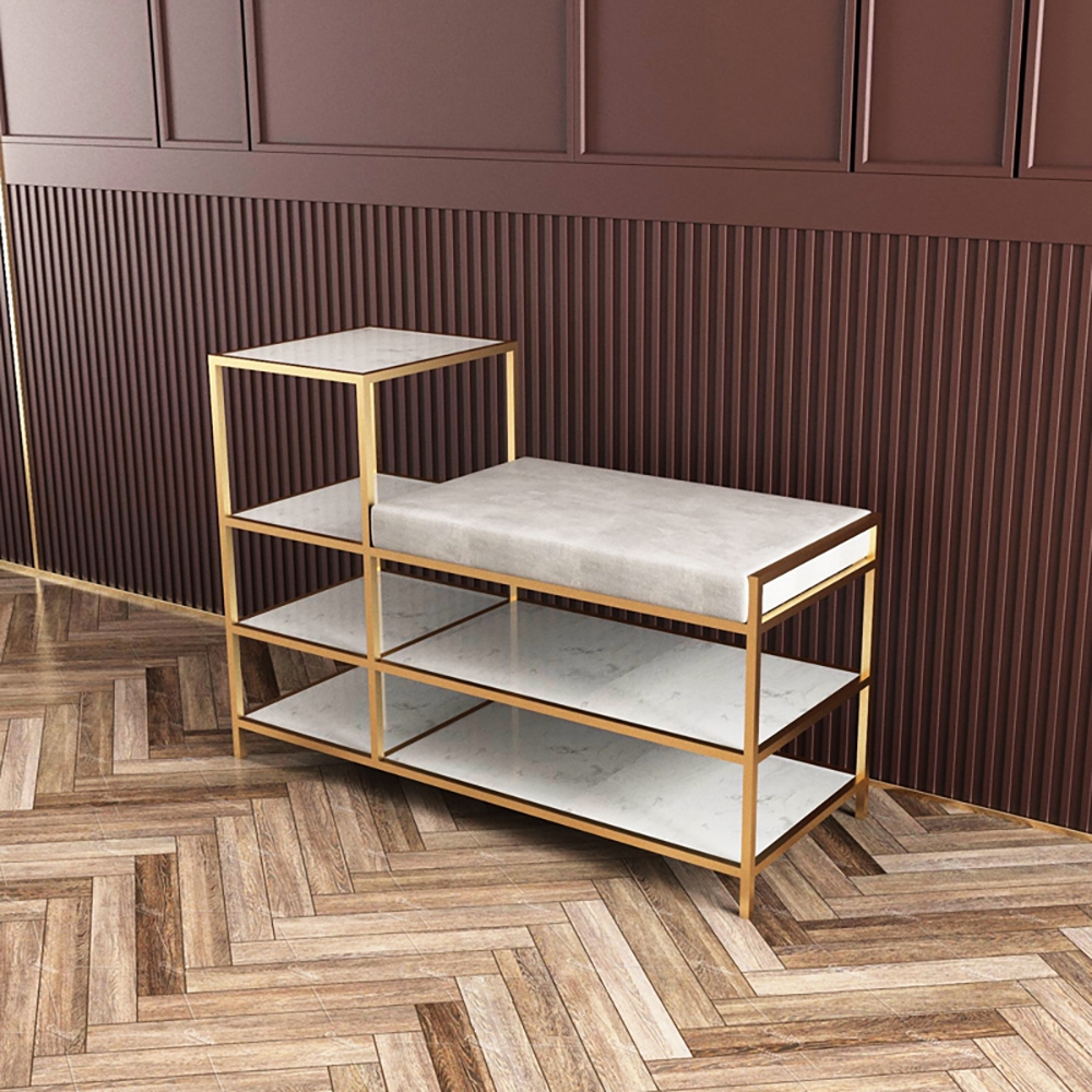 Velvet Upholstered 2-Tier Shoes Storage Stool in Gold Finish Modern Bench window image