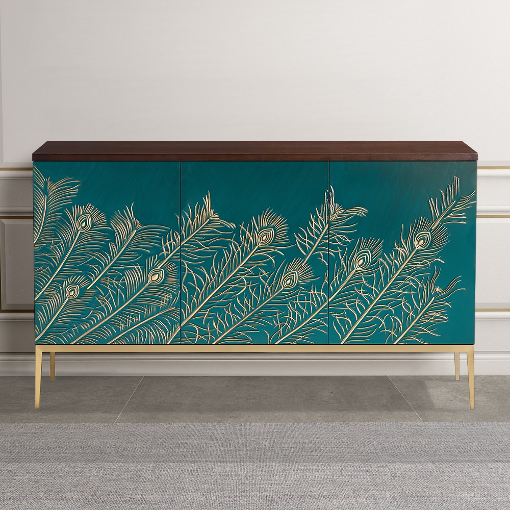 Novelty Green Sideboard Buffet Feather Patterned Cabinet with Shelves & Doors in Large window image