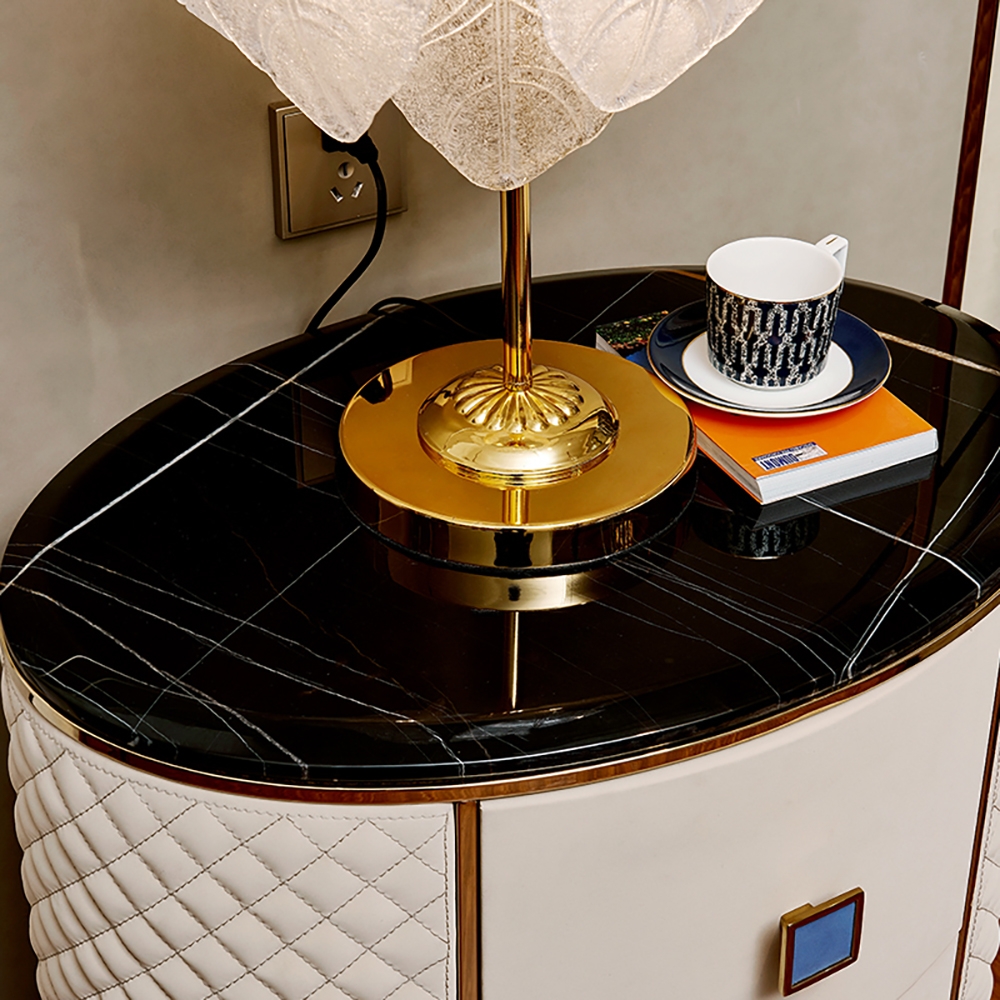 Oval Off White Nightstand Faux Marble Top Leather Upholstery with 2 Drawers window image